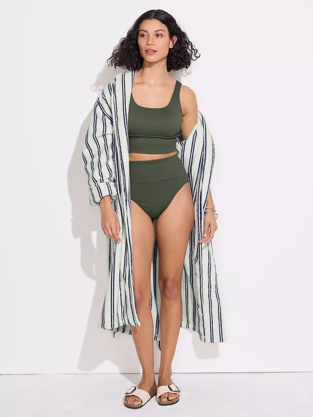 Lands' End Women's Tugless Ribbed Midkini and High Waisted Bottom Swimsuit Set